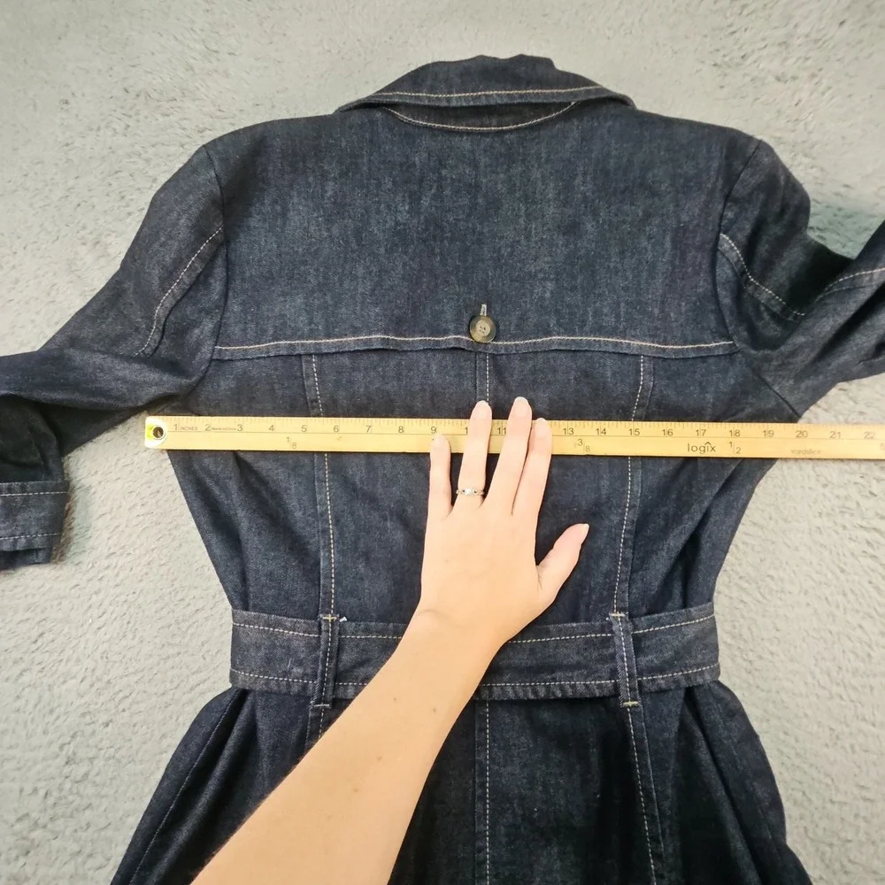 Anne Klein AK Jeans Denim Trench Coat Dress Womens M Blue 3/4 Slv Belted Western